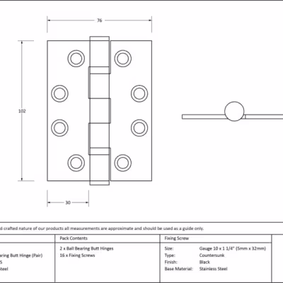 Black 4" Ball Bearing Butt Hinge (Pair) ss