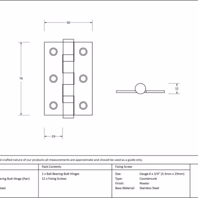 Pewter 3" Ball Bearing Butt Hinge (Pair) ss - Image 3