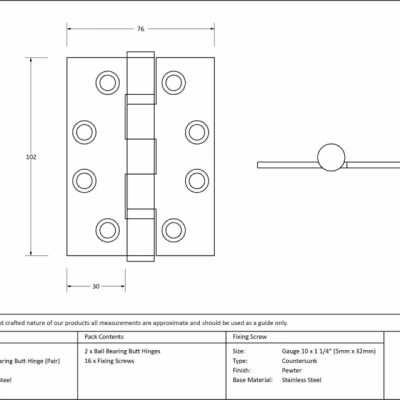 Pewter 4" Ball Bearing Butt Hinge (Pair) ss - Image 3