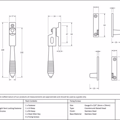 Polished Chrome Night-Vent Locking Reeded Fastener - Image 4