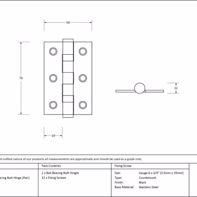 Black 3" Ball Bearing Butt Hinge (pair) - Image 3