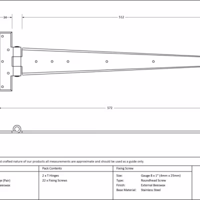 External Beeswax 22" Penny End T Hinge (pair) - Image 3