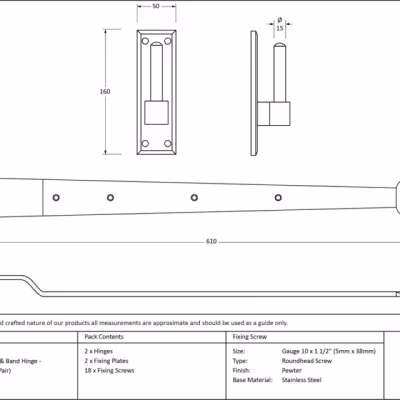 Pewter 24" Hook & Band Hinge - Cranked (pair) - Image 4