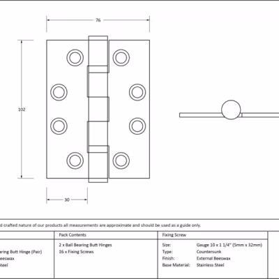 External Beeswax 4" Ball Bearing Butt Hinge (pair) - Image 3