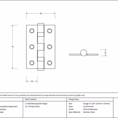 External Beeswax 3" Ball Bearing Butt Hinge (pair) - Image 3