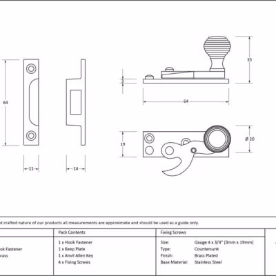 Polished Brass Beehive Sash Hook Fastener - Image 3