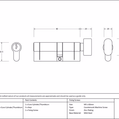 Lacquered Brass 35T/45 5pin Euro Cylinder/Thumbturn - Image 3