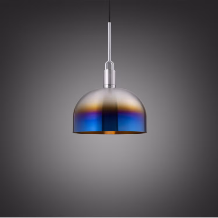 UK Forked Pendant / Steel / Large Burnt Steel shade / Puck Bulb