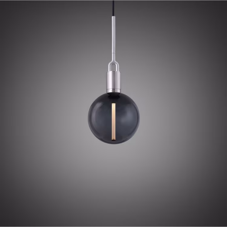 Forked Pendant / Steel / Medium Smoked Globe / Forked Buster Bulb
