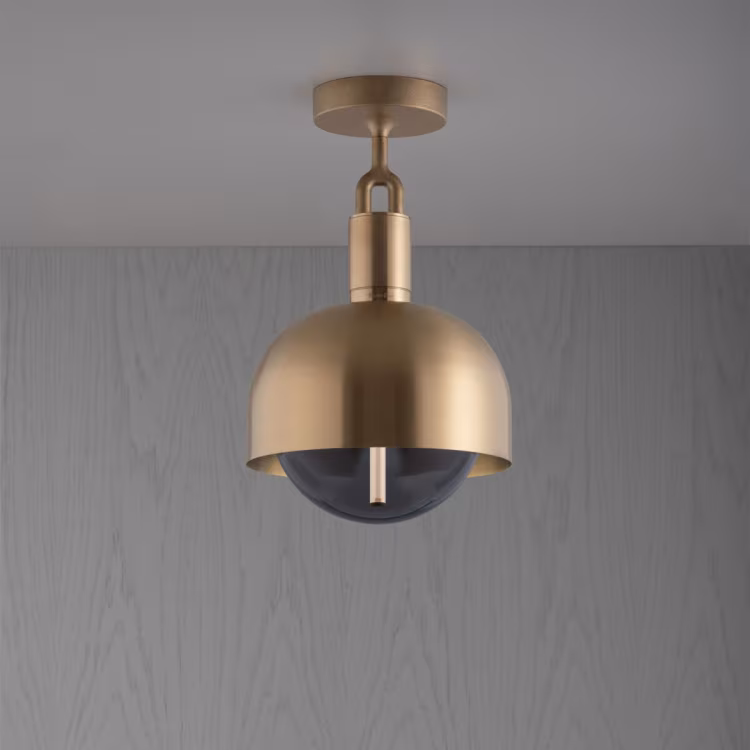 UK Forked Ceiling / Brass / Medium Brass shade / Medium Smoked Globe / Forked Buster Bulb