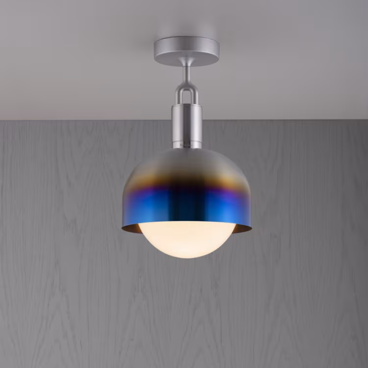Forked Ceiling / Steel / Medium Burnt Steel shade / Medium Opal Globe / Forked Punch Bulb