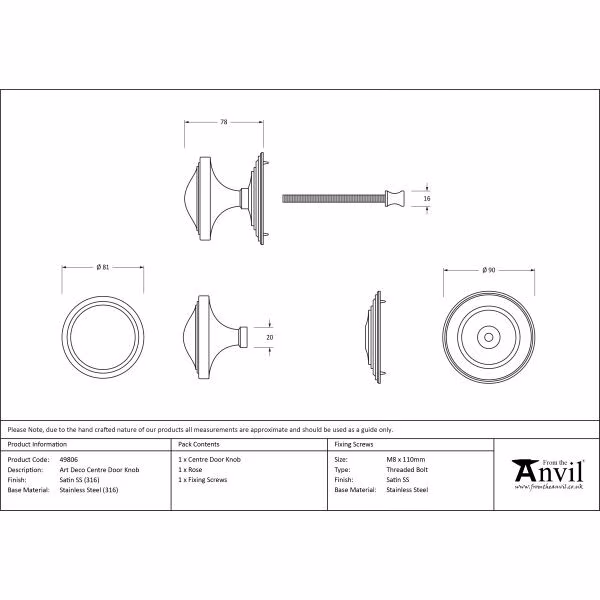 Satin Marine SS (316) Art Deco Centre Door Knob